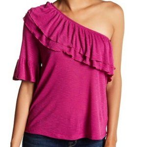 *3 DAY SALE* NWT Ro&De Fuchsia Stripe One-Shoulder Ruffle Shirt Rayon Size M